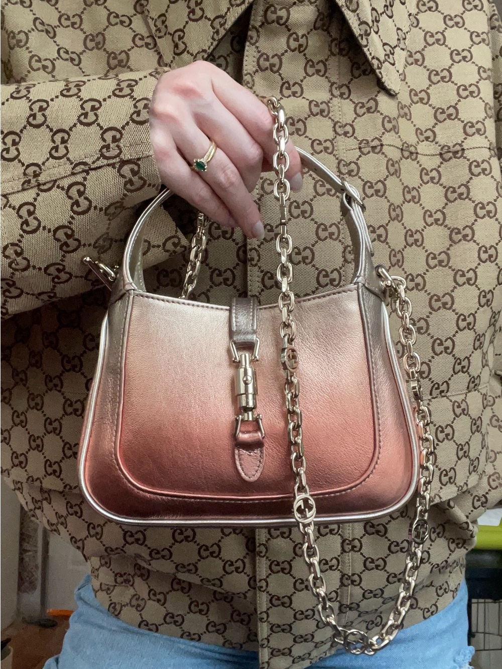 NWT Gucci mini Jackie 1961 bag in gold/ rose lame nappa leather with rem chain s